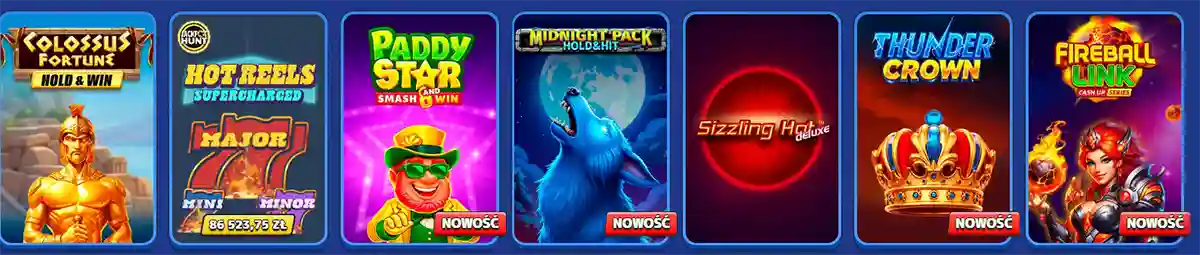 Row of colorful online casino slot game thumbnails showcasing popular titles, including Colossus Fortune Hold & Win, Hot Reels Supercharged, Paddy Star Smash & Win, Midnight Pack Hold & Hit, Sizzling Hot Deluxe, Thunder Crown, and Fireball Link, each displayed with vibrant artwork and themed symbols on a blue interface background.