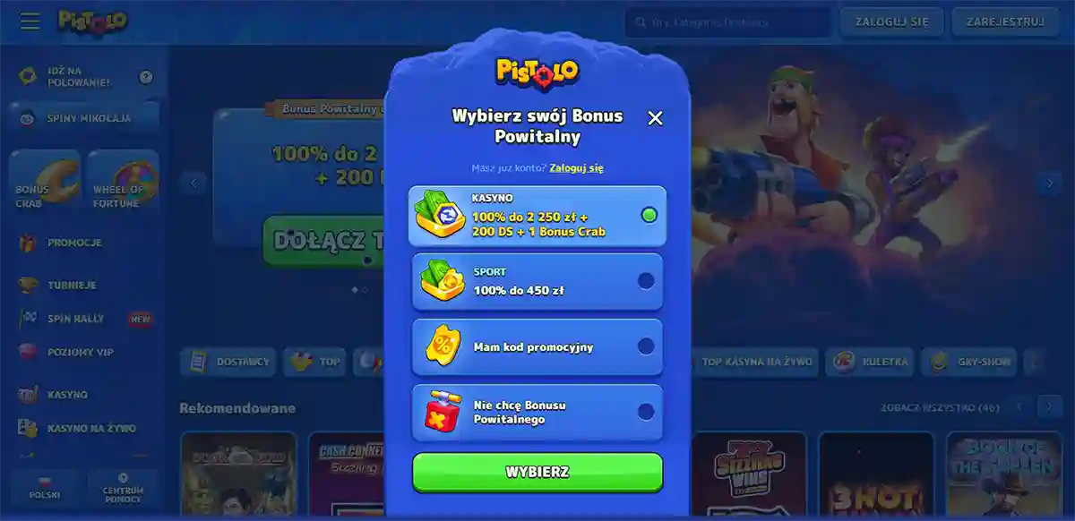 Online casino welcome bonus selection popup in Polish, showing options for a casino bonus of 100% up to 2,250 PLN with 200 free spins, a sports bonus of 100% up to 450 PLN, a promo code option, or no welcome bonus, with a green “Choose” button over a blue gaming interface background.